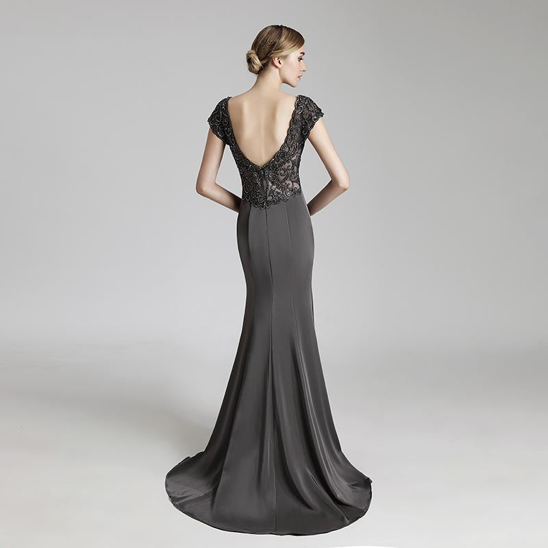 Elegant Deep V-Neck Long Prom Dresses Applique Beaded Evening Dresses V-Back Mermaid Satin Formal Dresses