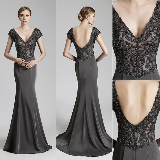 Elegant Deep V-Neck Long Prom Dresses Applique Beaded Evening Dresses V-Back Mermaid Satin Formal Dresses