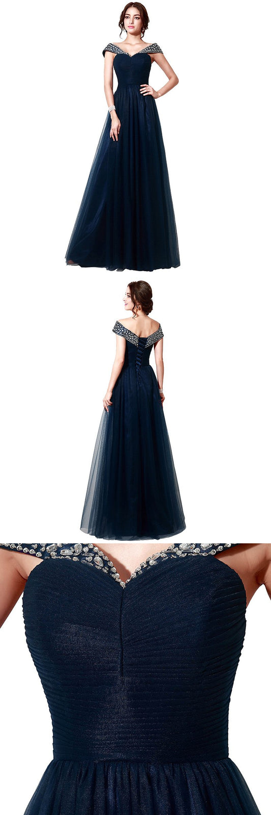 Elegant Off the Shoulder Long Prom Dresses Tulle Evening Dresses A-Line Formal Dresses