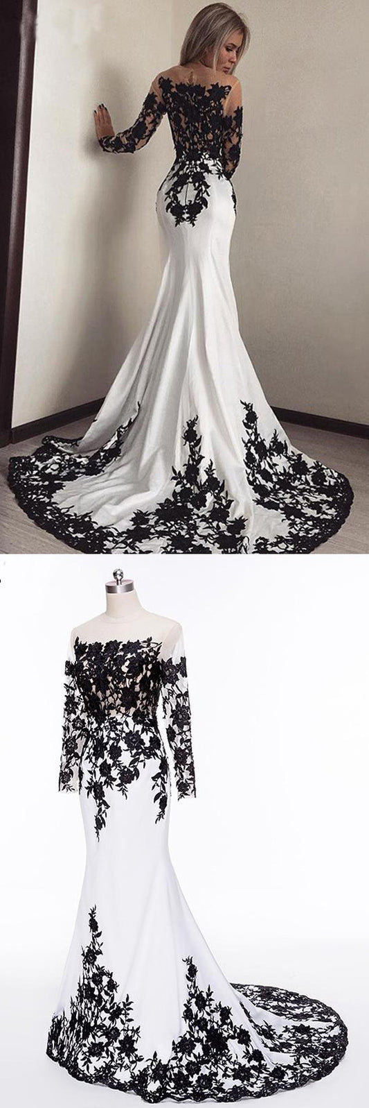 Elegant White Black Lace Appliques Mermaid Long Sleeves Satin Prom Dresses