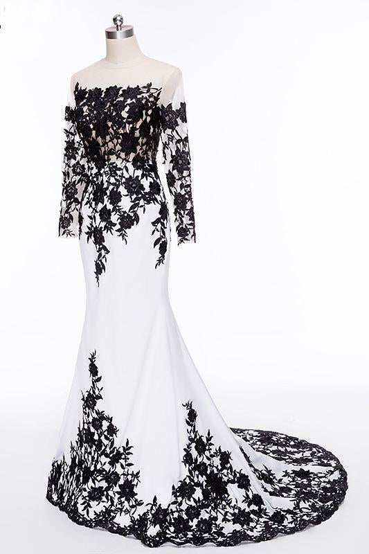Elegant White/Black Lace Appliques Mermaid Long Sleeves Long Prom Dresses JLDressCA Elegant White/Black Lace Appliques Mermaid Long Sleeves Long Prom Dresses JLDressCA