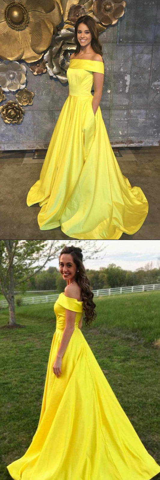 Elegant Yellow Off The Shoulder Satin A Line Princess with Pockets Prom Dresses