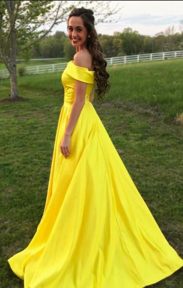 Elegant Yellow Off-The-Shoulder Satin A-Line Princess Dress | JLDressCA Elegant Yellow Off-The-Shoulder Satin A-Line Princess Dress | JLDressCA