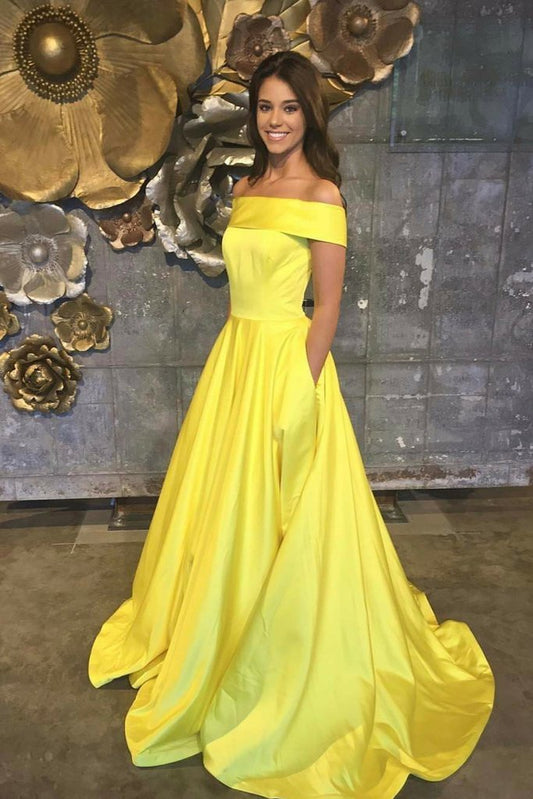 Elegant Yellow Off The Shoulder Satin A Line Princess with Pockets Prom Dresses