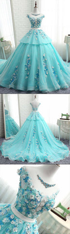 Floral Applique Long Prom Dresses Beaded Evening Dresses Cap Sleeve Ball Gowns Formal Dresses