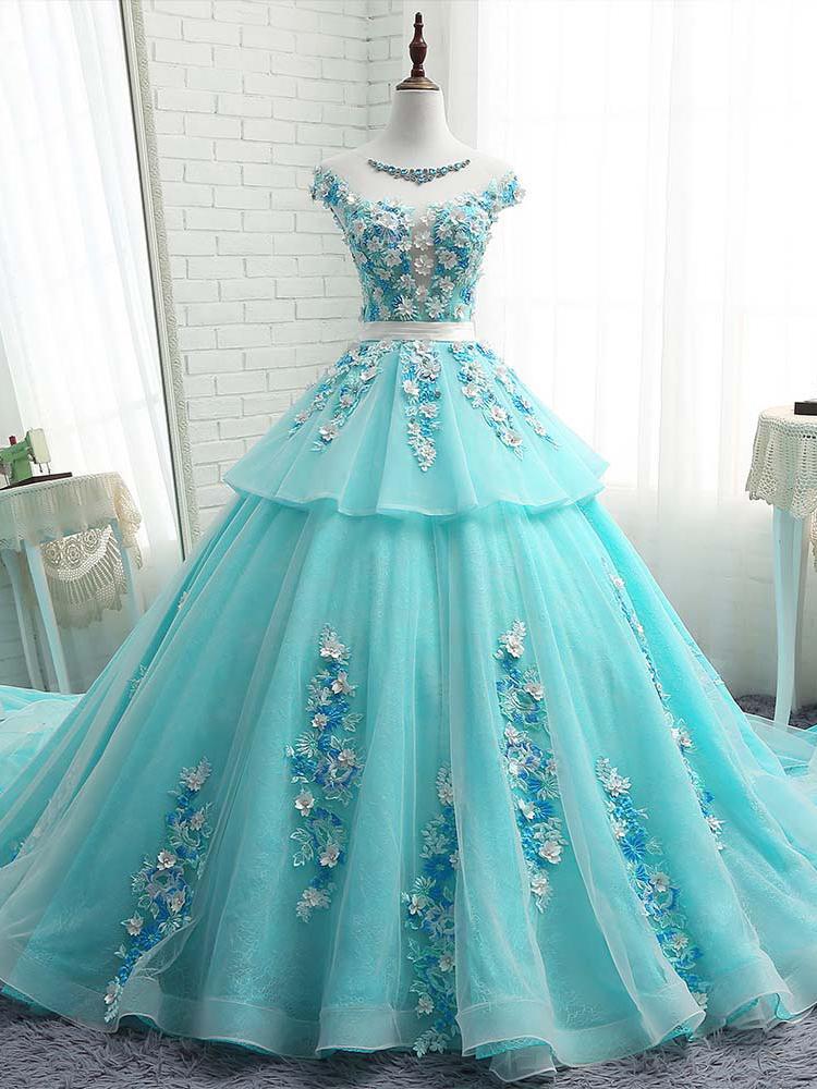 Floral Applique Long Prom Dresses Beaded Evening Dresses Cap Sleeve Ball Gowns Formal Dresses