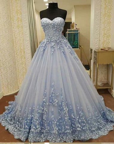 Floral Applique Long Prom Dresses Blue Tulle A-Line Evening Dresses Sweetheart Formal Dresses.