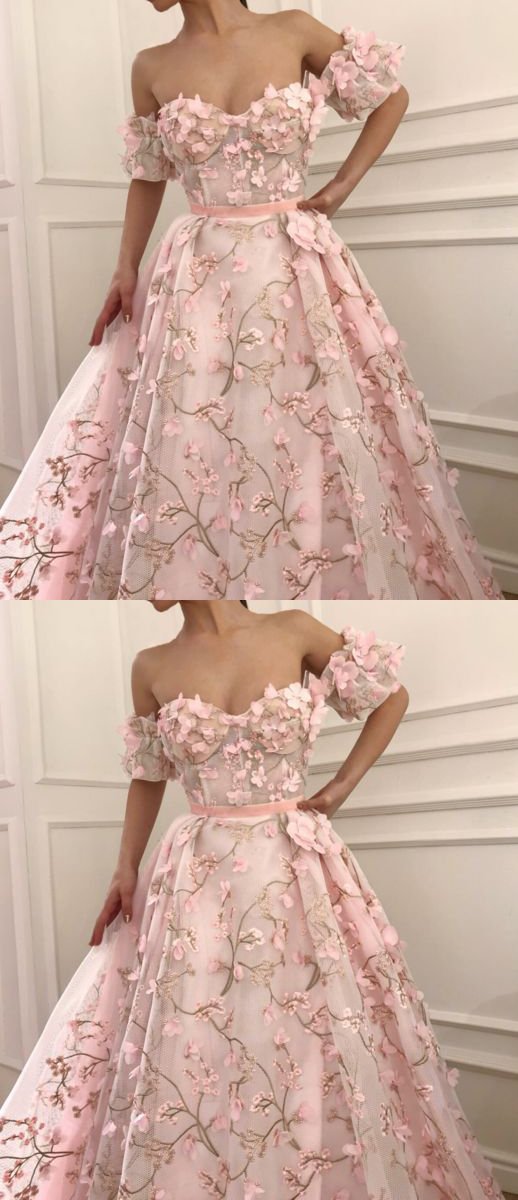 Floral Applique Long Prom Dresses Off the Shoulder Evening Dresses Pink A-Line Formal Dresses