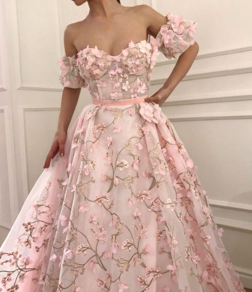 Floral Applique Long Prom Dresses Off the Shoulder Evening Dresses Pink A-Line Formal Dresses