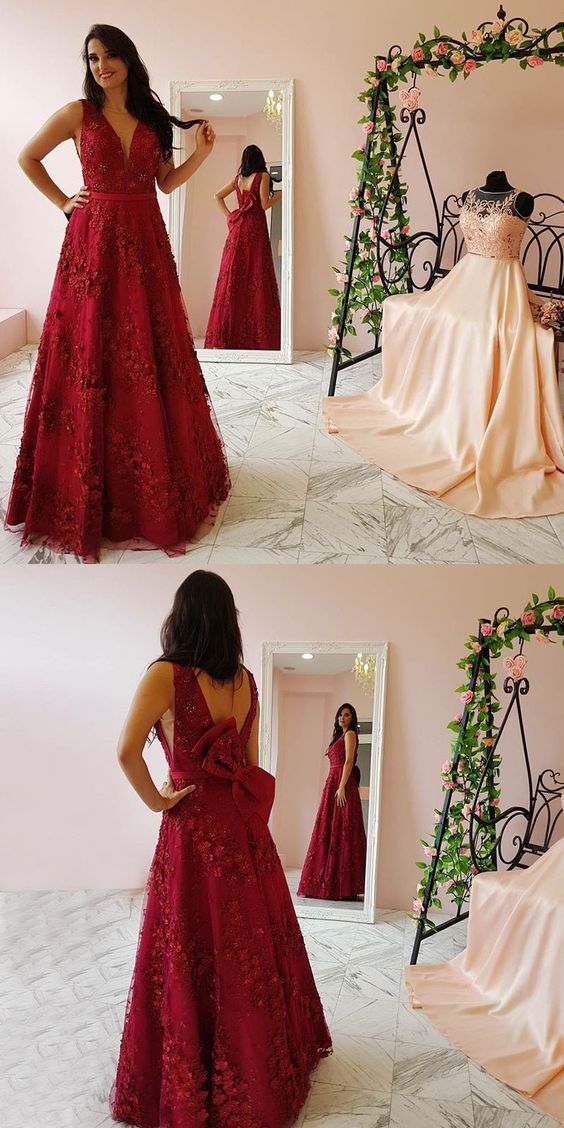 Floral Applique Long Prom Dresses Red V-Neck Evening Dresses A-Line Formal Dresses with Bowknot