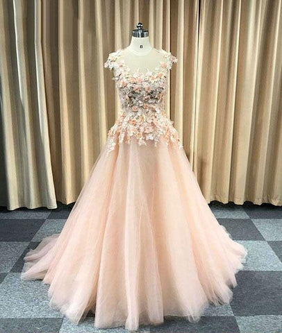 Floral Applique Long Prom Dresses Tulle A-Line Evening Formal Dresses