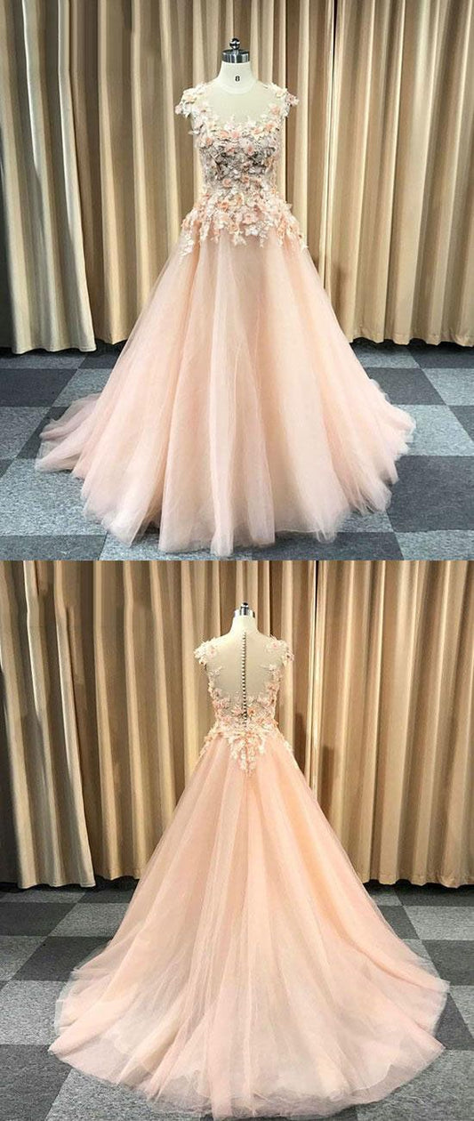 Floral Applique Long Prom Dresses Tulle A-Line Evening Formal Dresses