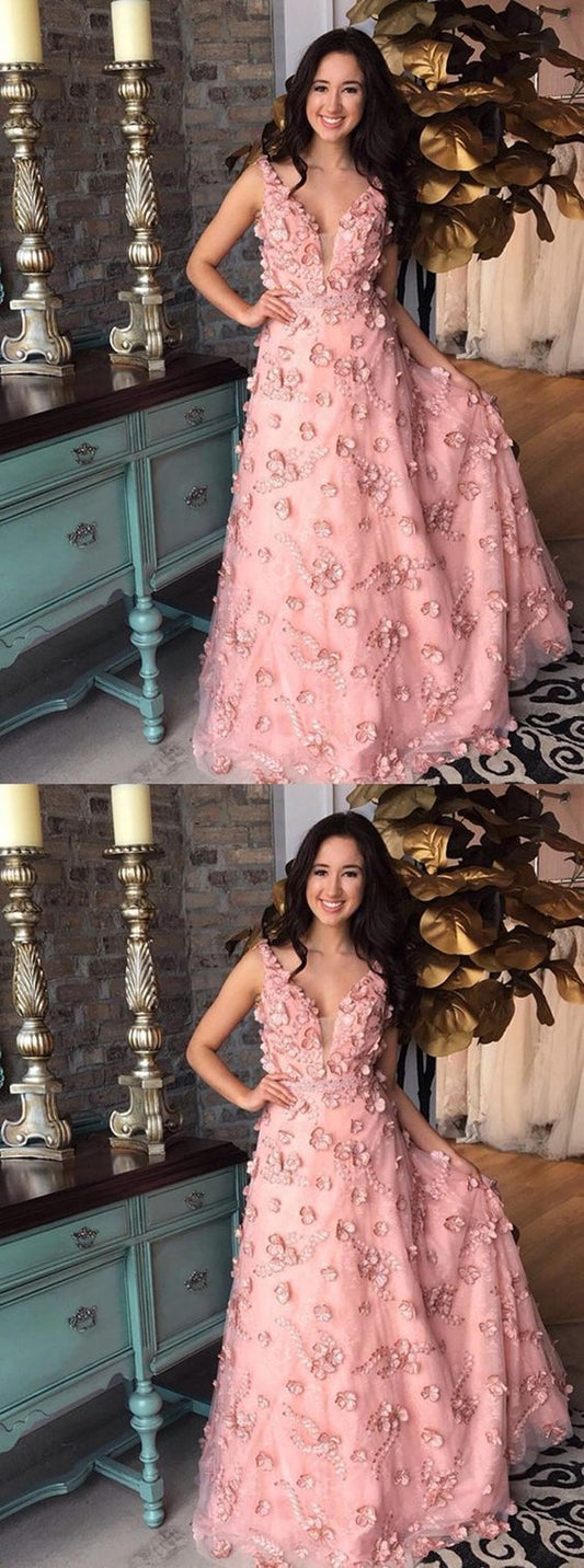 Floral Applique Long Prom Dresses V-Neck Evening Dresses A-Line Formal Dresses