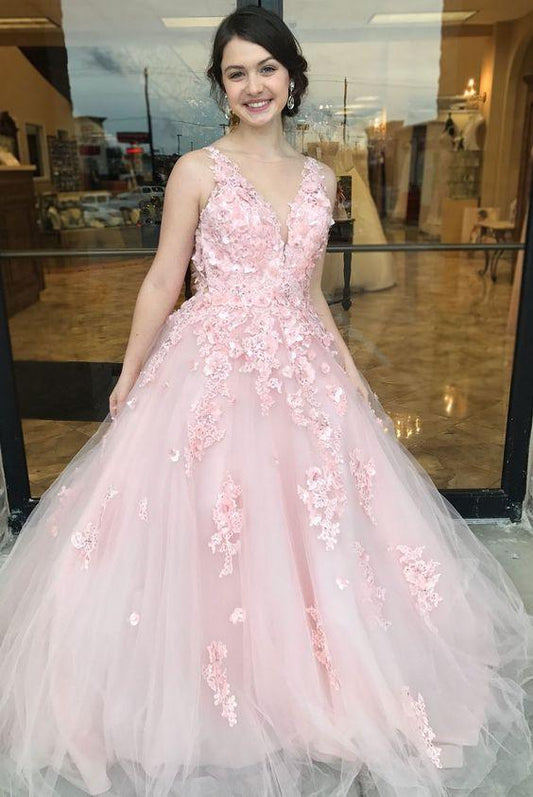 Floral Applique Long Prom Dresses V-Neck Evening Dresses Tulle A-Line Formal Dresses