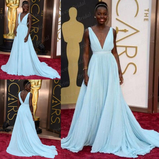 formal deep v-neck light blue long party dress, PD6155