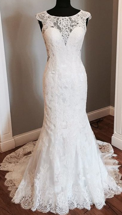 cap sleeves white lace long wedding dress, WD110