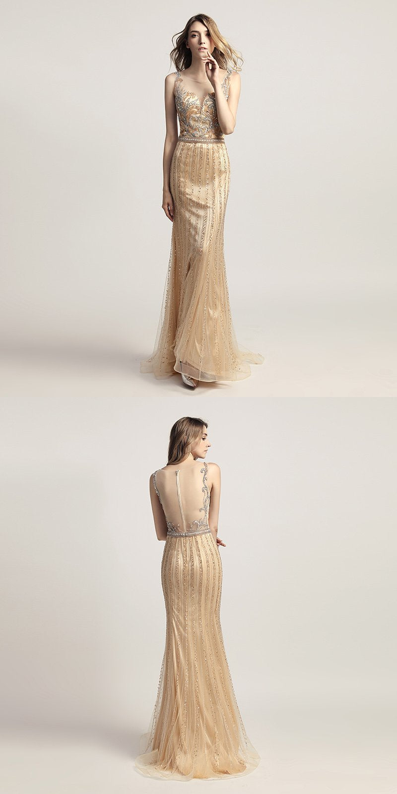 Gold Beaded Long Prom Dresses Mermaid Evening Dresses Sleeveless Formal Dresses