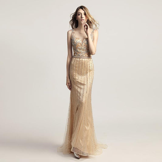 Gold Beaded Long Prom Dresses Mermaid Evening Dresses Sleeveless Formal Dresses