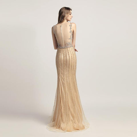 Gold Beaded Long Prom Dresses Mermaid Evening Dresses Sleeveless Formal Dresses