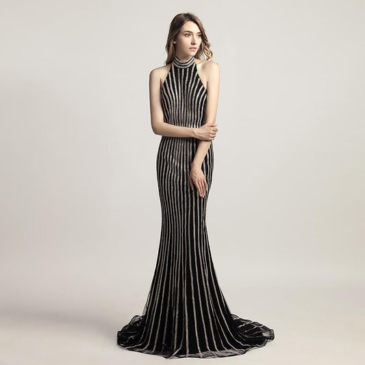 Gold Beaded Long Prom Dresses Mermaid Halter Evening Dresses Backless Formal Dresses