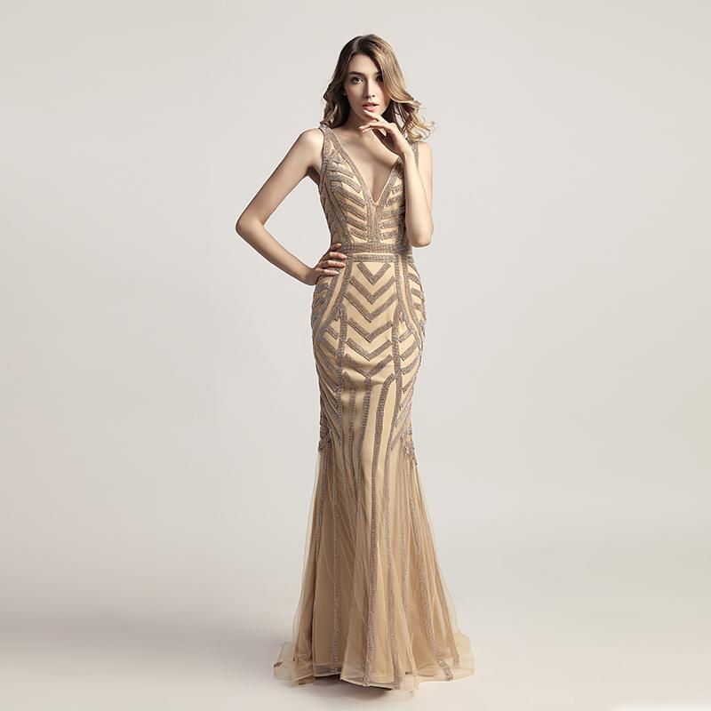 Gold Beaded Long Prom Dresses V-Neck Evening Dresses Mermaid Formal Dresses
