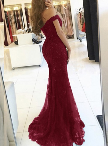 off shoulder elegant mermaid burgundy lace long prom dress, PD0207