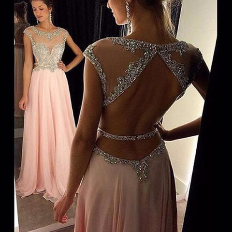 pink prom dress, long prom Dress, beaded evening dress, open back prom dress, evening dress, BD353