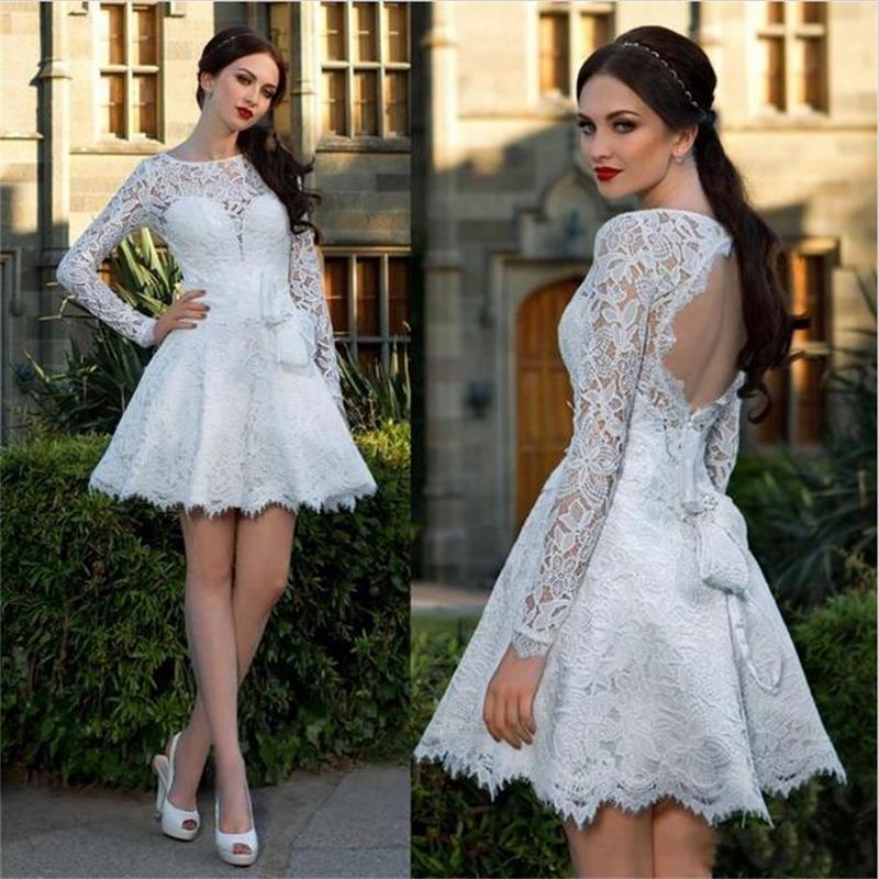 open back long sleeves white lace short A-line homecoming dress, HD449