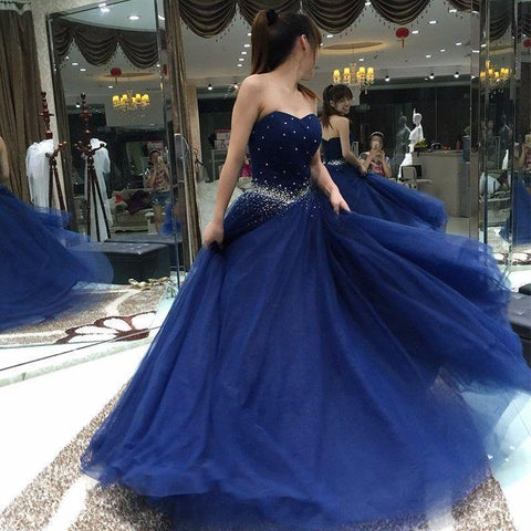 royal blue prom dress, long prom Dress, sweetheart evening dress, A-line prom dress, tulle evening dress, BD350
