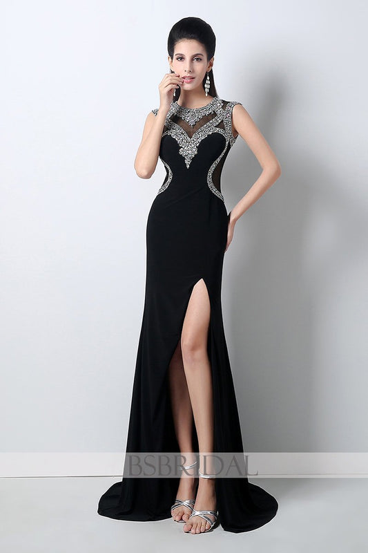formal elegant black side slit long prom dress, HY012BK