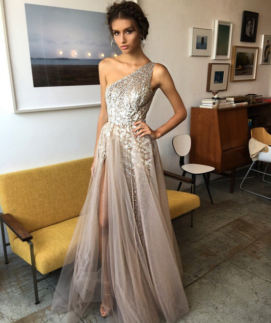 shinning formal one shoulder side slit long prom dress, PD7428