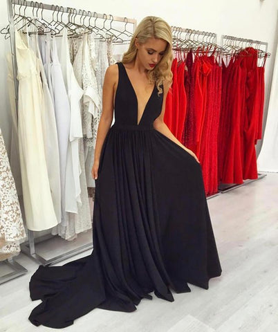 formal deep v-neck black long prom dress, PD6158
