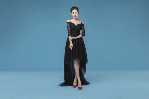 black hi-lo off shoulder prom dress, charming party dresses, PD864