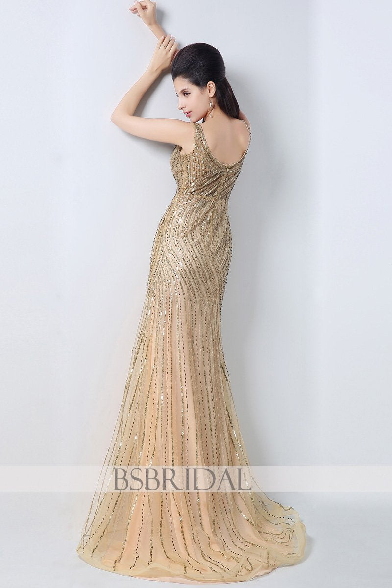 v-neck formal gold full beaded sparkle long prom dress, JS003