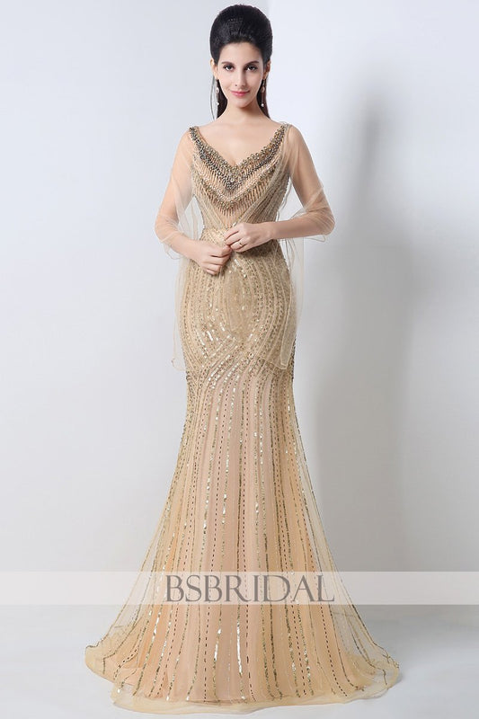 v-neck formal gold full beaded sparkle long prom dress, JS003