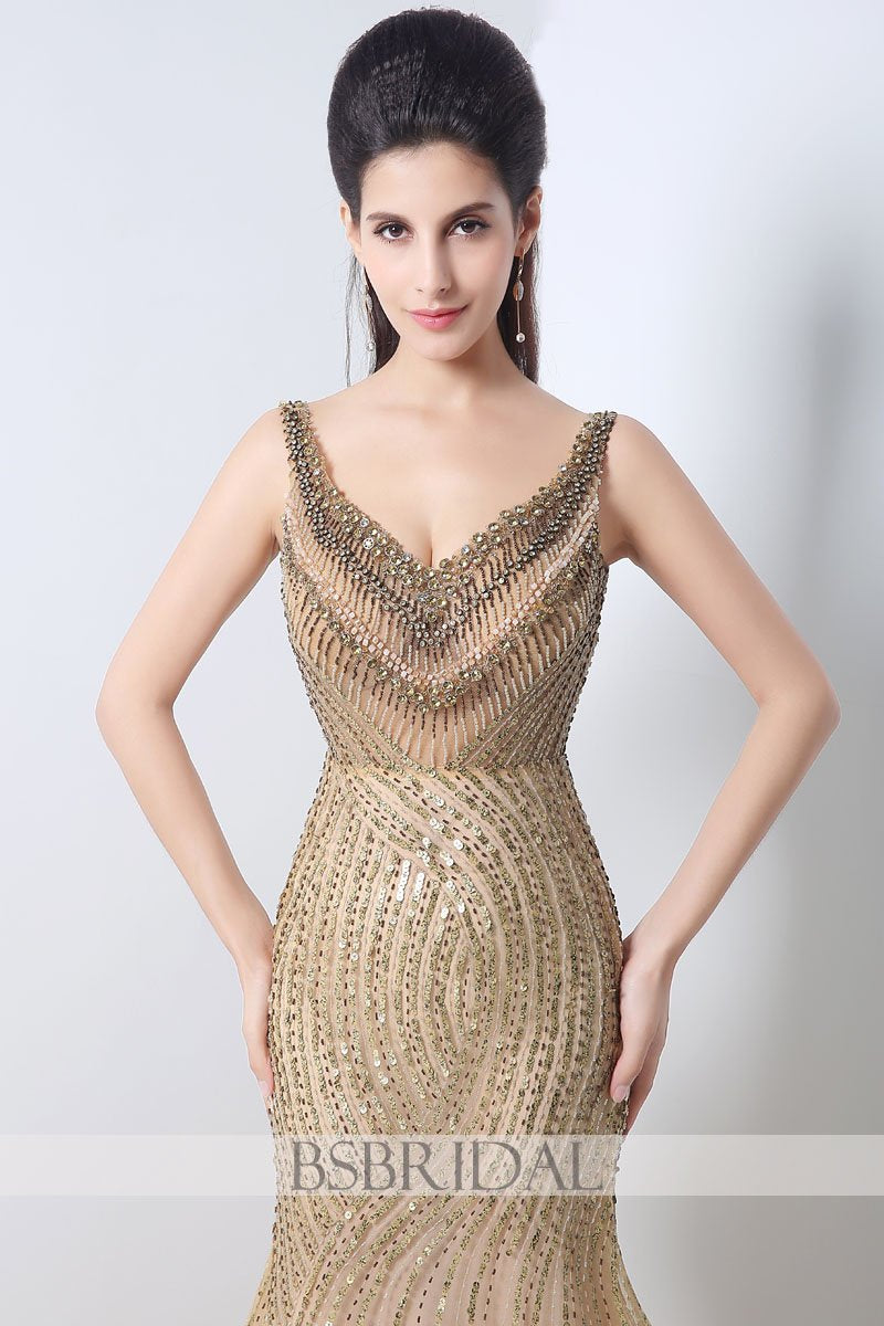 v-neck formal gold full beaded sparkle long prom dress, JS003