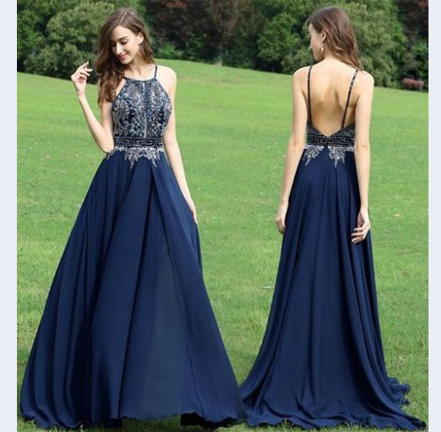 spaghetti straps navy chiffon beaded long prom dress, BD754