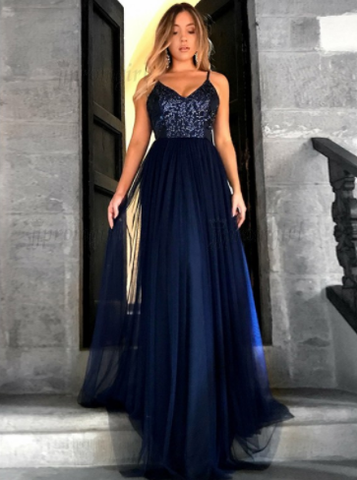 spaghetti straps navy sequin top long prom dress, PD5889