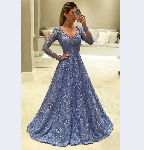 modest v-neck purple lace long sleeves prom dress, BD751