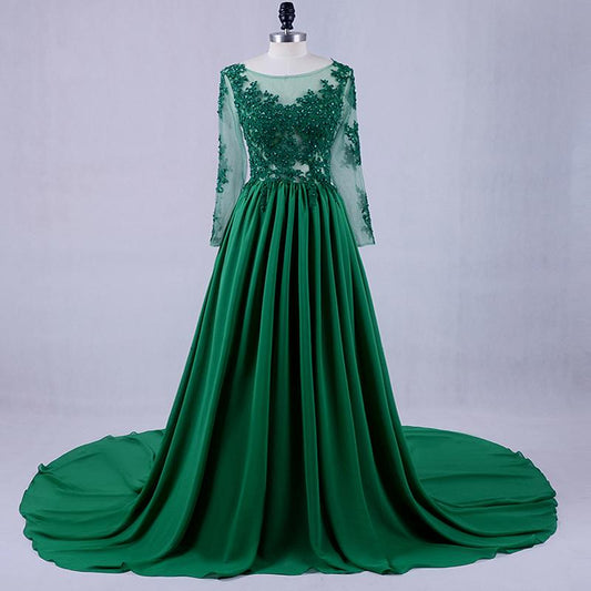 A-line modest round neck long sleeves green chiffon long prom dresses, PD8863