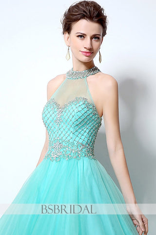 princess halter blue tulle A-line long prom dress, LX010