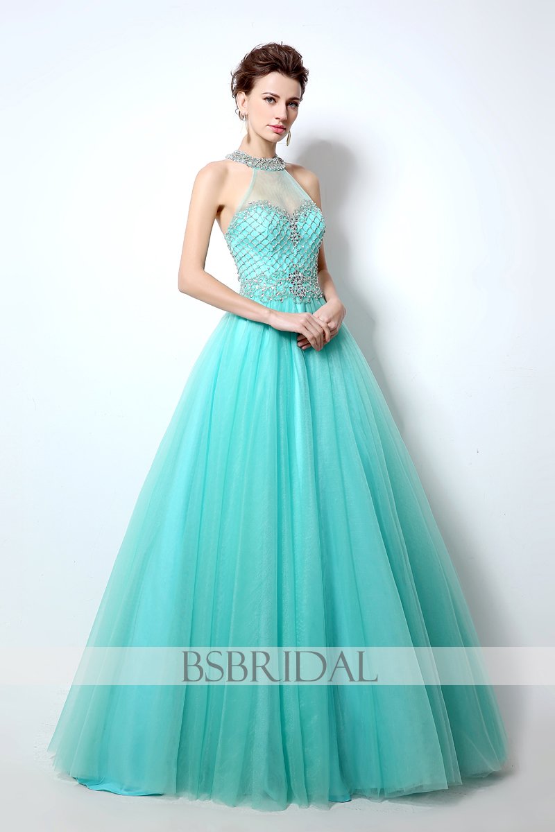 princess halter blue tulle A-line long prom dress, LX010
