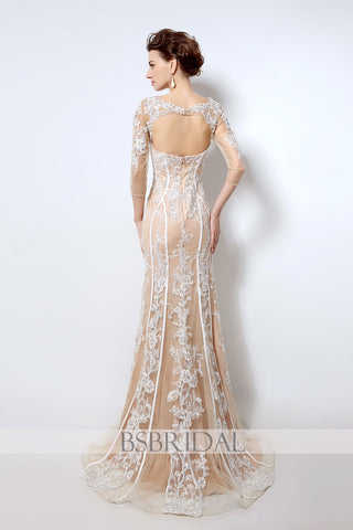 modest elegant mermaid long sleeves lace long prom dress, LX013