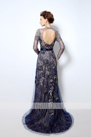 modest elegant navy long sleeves lace long prom dress, LX014