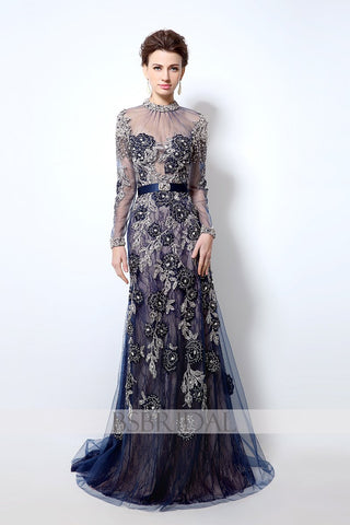 modest elegant navy long sleeves lace long prom dress, LX014