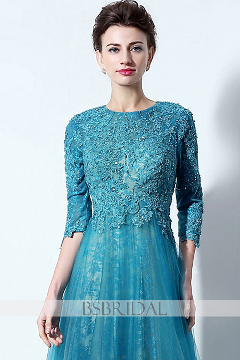 modest middle-sleeves blue lace long prom dress, LX016