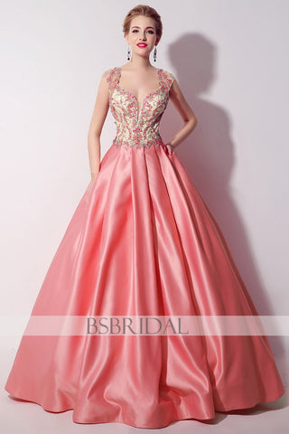 princess pink sweet long satin prom dress for girls, LX020