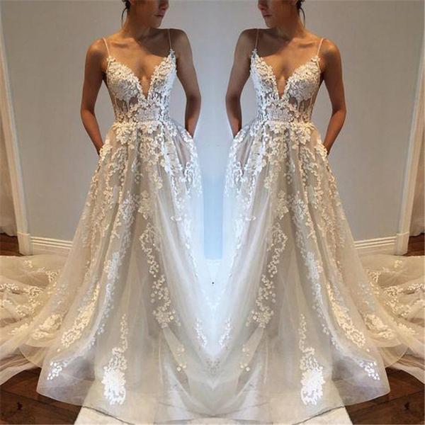spaghetti straps elegant lace long wedding dress, WD232