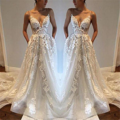 spaghetti straps elegant lace long wedding dress, WD232