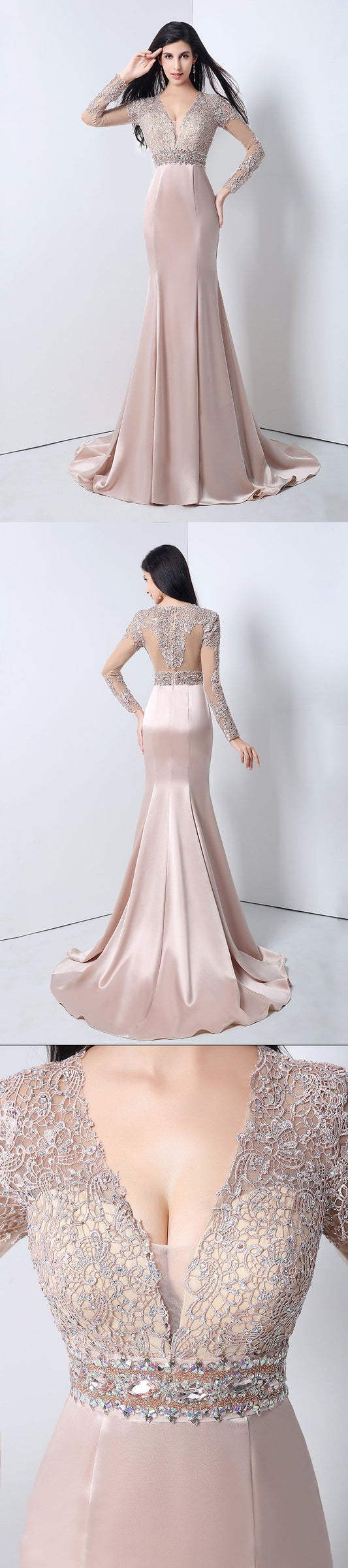 Lace Beaded Long Prom Dresses V-Neck Long Sleeve Evening Dresses Mermaid Formal Dresses